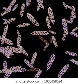 Feather Pattern, bright colorful background, cute and fun decoration. Black background. Vector illustration for celebration, party, carnival, festive holiday and Your project.
