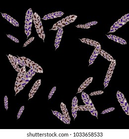 Feather Pattern, bright colorful background, cute and fun decoration. Black background. Vector illustration for celebration, party, carnival, festive holiday and Your project.