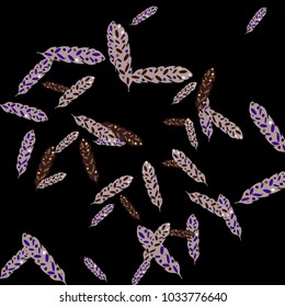 Feather Pattern, bright colorful background, cute and fun decoration. Black background. Vector illustration for celebration, party, carnival, festive holiday and Your project.