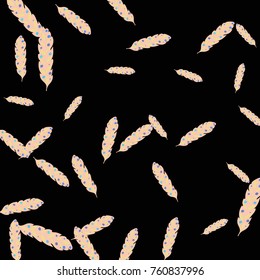 Feather Pattern, bright colorful background, cute and fun decoration. Black background. Vector illustration for celebration, party, carnival, festive holiday and Your project.