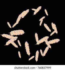 Feather Pattern, bright colorful background, cute and fun decoration. Black background. Vector illustration for celebration, party, carnival, festive holiday and Your project.