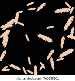 Feather Pattern, bright colorful background, cute and fun decoration. Black background. Vector illustration for celebration, party, carnival, festive holiday and Your project.