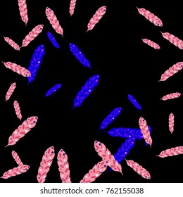 Feather Pattern, bright colorful background, cute and fun decoration. Black background. Vector illustration for celebration, party, carnival, festive holiday and Your project.