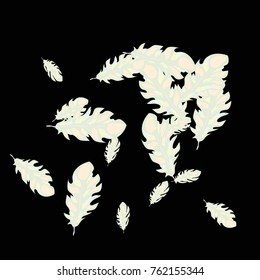 Feather Pattern, bright colorful background, cute and fun decoration. Black background. Vector illustration for celebration, party, carnival, festive holiday and Your project.