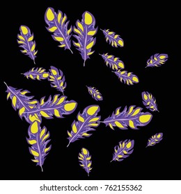 Feather Pattern, bright colorful background, cute and fun decoration. Black background. Vector illustration for celebration, party, carnival, festive holiday and Your project.