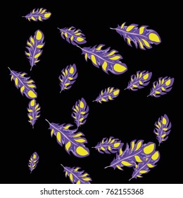 Feather Pattern, bright colorful background, cute and fun decoration. Black background. Vector illustration for celebration, party, carnival, festive holiday and Your project.
