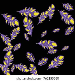 Feather Pattern, bright colorful background, cute and fun decoration. Black background. Vector illustration for celebration, party, carnival, festive holiday and Your project.