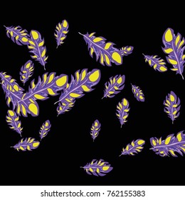 Feather Pattern, bright colorful background, cute and fun decoration. Black background. Vector illustration for celebration, party, carnival, festive holiday and Your project.