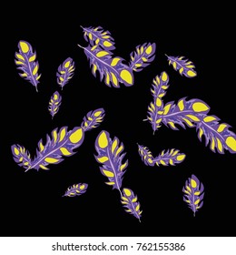 Feather Pattern, bright colorful background, cute and fun decoration. Black background. Vector illustration for celebration, party, carnival, festive holiday and Your project.