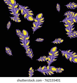 Feather Pattern, bright colorful background, cute and fun decoration. Black background. Vector illustration for celebration, party, carnival, festive holiday and Your project.