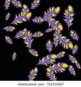 Feather Pattern, bright colorful background, cute and fun decoration. Black background. Vector illustration for celebration, party, carnival, festive holiday and Your project.
