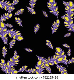 Feather Pattern, bright colorful background, cute and fun decoration. Black background. Vector illustration for celebration, party, carnival, festive holiday and Your project.