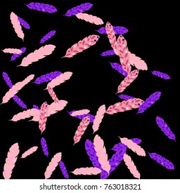 Feather Pattern, bright colorful background, cute and fun decoration. Black background. Vector illustration for celebration, party, carnival, festive holiday and Your project.