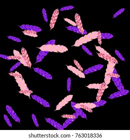 Feather Pattern, bright colorful background, cute and fun decoration. Black background. Vector illustration for celebration, party, carnival, festive holiday and Your project.