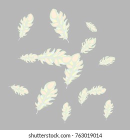 Feather Pattern, bright colorful background, cute and fun decoration. Gentle grey background. Vector illustration for celebration, party, carnival, festive holiday and Your project.