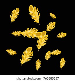 Feather Pattern, bright colorful background, cute and fun decoration. Black background. Vector illustration for celebration, party, carnival, festive holiday and Your project.