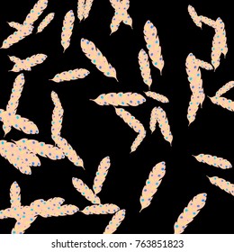 Feather Pattern, bright colorful background, cute and fun decoration. Black background. Vector illustration for celebration, party, carnival, festive holiday and Your project.