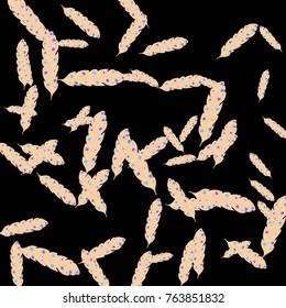 Feather Pattern, bright colorful background, cute and fun decoration. Black background. Vector illustration for celebration, party, carnival, festive holiday and Your project.