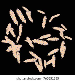 Feather Pattern, bright colorful background, cute and fun decoration. Black background. Vector illustration for celebration, party, carnival, festive holiday and Your project.