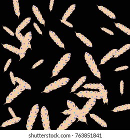 Feather Pattern, bright colorful background, cute and fun decoration. Black background. Vector illustration for celebration, party, carnival, festive holiday and Your project.