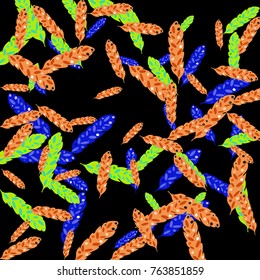 Feather Pattern, bright colorful background, cute and fun decoration. Black background. Vector illustration for celebration, party, carnival, festive holiday and Your project.