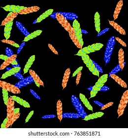 Feather Pattern, bright colorful background, cute and fun decoration. Black background. Vector illustration for celebration, party, carnival, festive holiday and Your project.