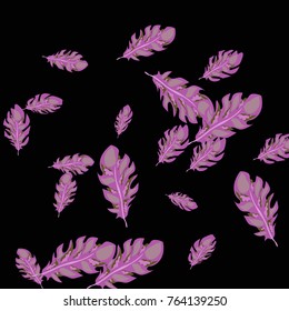 Feather Pattern, bright colorful background, cute and fun decoration. Black background. Vector illustration for celebration, party, carnival, festive holiday and Your project.