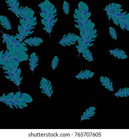 Feather Pattern, bright colorful background, cute and fun decoration. Black background. Vector illustration for celebration, party, carnival, festive holiday and Your project.