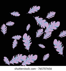 Feather Pattern, bright colorful background, cute and fun decoration. Black background. Vector illustration for celebration, party, carnival, festive holiday and Your project.