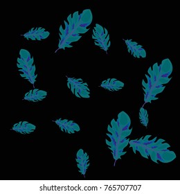 Feather Pattern, bright colorful background, cute and fun decoration. Black background. Vector illustration for celebration, party, carnival, festive holiday and Your project.