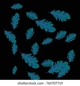 Feather Pattern, bright colorful background, cute and fun decoration. Black background. Vector illustration for celebration, party, carnival, festive holiday and Your project.