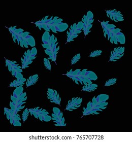 Feather Pattern, bright colorful background, cute and fun decoration. Black background. Vector illustration for celebration, party, carnival, festive holiday and Your project.