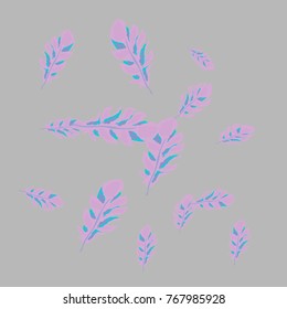 Feather Pattern, bright colorful background, cute and fun decoration. Gentle grey background. Vector illustration for celebration, party, carnival, festive holiday and Your project.