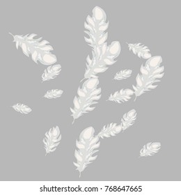 Feather Pattern, bright colorful background, cute and fun decoration. Gentle grey background. Vector illustration for celebration, party, carnival, festive holiday and Your project.