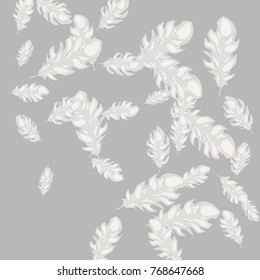 Feather Pattern, bright colorful background, cute and fun decoration. Gentle grey background. Vector illustration for celebration, party, carnival, festive holiday and Your project.