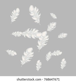 Feather Pattern, bright colorful background, cute and fun decoration. Gentle grey background. Vector illustration for celebration, party, carnival, festive holiday and Your project.