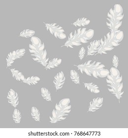 Feather Pattern, bright colorful background, cute and fun decoration. Gentle grey background. Vector illustration for celebration, party, carnival, festive holiday and Your project.