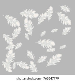 Feather Pattern, bright colorful background, cute and fun decoration. Gentle grey background. Vector illustration for celebration, party, carnival, festive holiday and Your project.