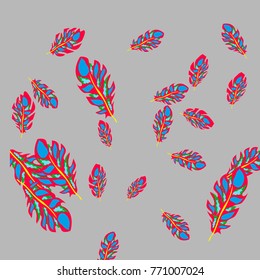 Feather Pattern, bright colorful background, cute and fun decoration. Gentle grey background. Vector illustration for celebration, party, carnival, festive holiday and Your project.