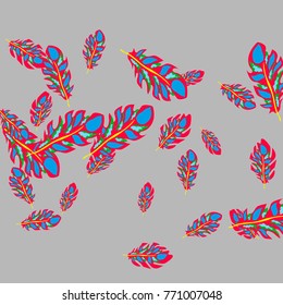 Feather Pattern, bright colorful background, cute and fun decoration. Gentle grey background. Vector illustration for celebration, party, carnival, festive holiday and Your project.