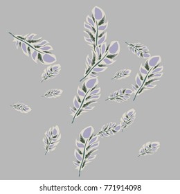 Feather Pattern, bright colorful background, cute and fun decoration. Gentle grey background. Vector illustration for celebration, party, carnival, festive holiday and Your project.