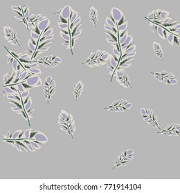 Feather Pattern, bright colorful background, cute and fun decoration. Gentle grey background. Vector illustration for celebration, party, carnival, festive holiday and Your project.
