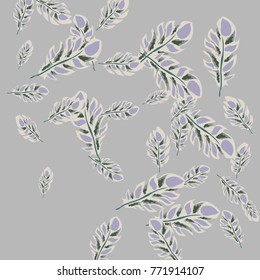 Feather Pattern, bright colorful background, cute and fun decoration. Gentle grey background. Vector illustration for celebration, party, carnival, festive holiday and Your project.