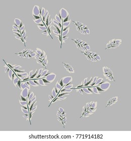 Feather Pattern, bright colorful background, cute and fun decoration. Gentle grey background. Vector illustration for celebration, party, carnival, festive holiday and Your project.