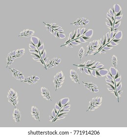 Feather Pattern, bright colorful background, cute and fun decoration. Gentle grey background. Vector illustration for celebration, party, carnival, festive holiday and Your project.