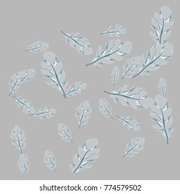 Feather Pattern, bright colorful background, cute and fun decoration. Gentle grey background. Vector illustration for celebration, party, carnival, festive holiday and Your project.