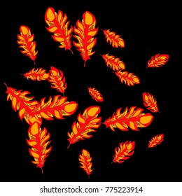 Feather Pattern, bright colorful background, cute and fun decoration. Black background. Vector illustration for celebration, party, carnival, festive holiday and Your project.