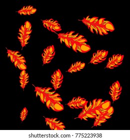 Feather Pattern, bright colorful background, cute and fun decoration. Black background. Vector illustration for celebration, party, carnival, festive holiday and Your project.