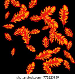 Feather Pattern, bright colorful background, cute and fun decoration. Black background. Vector illustration for celebration, party, carnival, festive holiday and Your project.