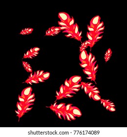 Feather Pattern, bright colorful background, cute and fun decoration. Black background. Vector illustration for celebration, party, carnival, festive holiday and Your project.